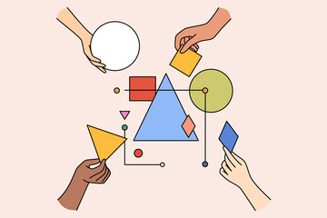 Wall Mural - Multiethnic work team connect geometrical shapes and figures involved in teambuilding activity. Hands building system together. Partnership and teamwork concept. Vector illustration. 