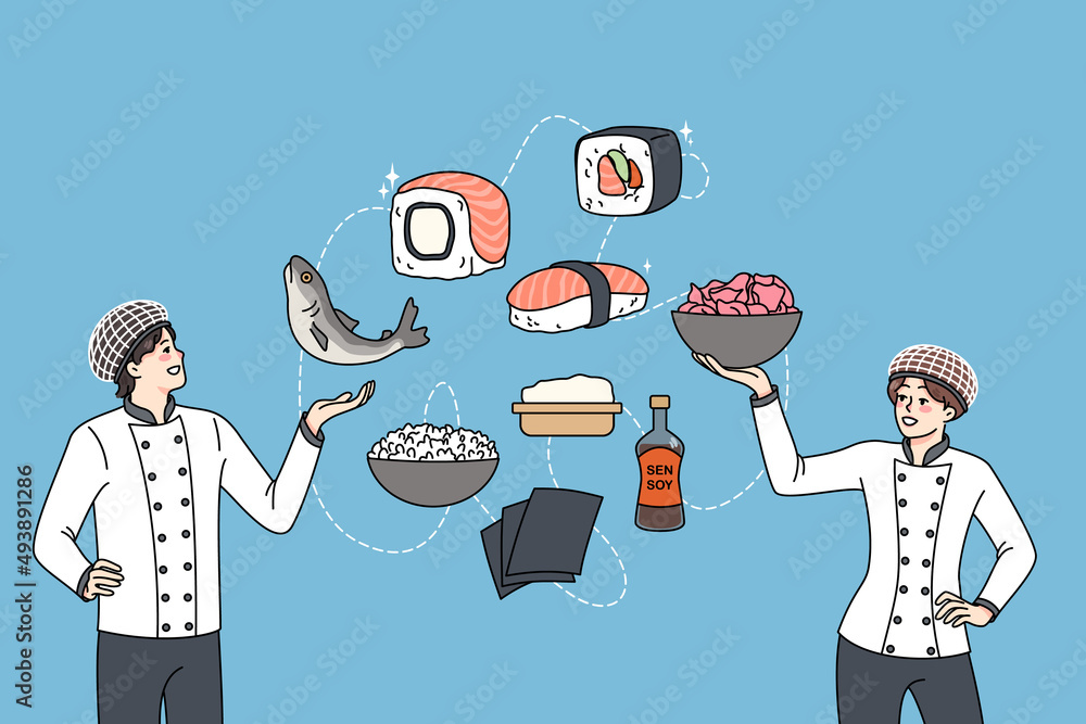 Professional chef cooking rolls and sushi for restaurant menu. Diverse ...