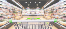 Empty Shopping Cart In Supermarket Grocery Store Background