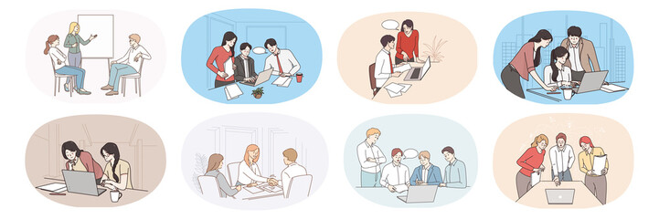 Wall Mural - Set of busy successful office employees or workers cooperate together at meeting. Collection of businesspeople brainstorm discuss ideas at briefing. Teamwork. Vector illustration. 