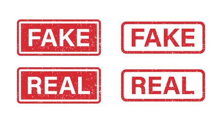 Fake and Real word grunge rubber stamp for media and documents. Fake and Real sign sticker. Symbol of truth and lies. Grunge red vintage square label. Vector illustration isolated on white background.