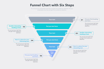 Leinwandbilder - Funnel chart template with six colorful steps. Easy to use for your website or presentation.