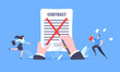 Contract cancellation business concept. Terminated tearing contract paper sheet breach flat style design vector illustration. Business people running toward giant hands with tearing contract papers.