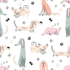 Canvas Print - Doodle dog print. Funny dogs seamless pattern, childish scandinavian drawing puppy. Fabric design with cartoon pets, nowaday line animals vector background