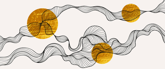 Elegant abstract line art on white background. Luxury hand drawn with black wavy line and gold foil circle shapes. Wave line design for wallpaper, banner, prints, covers, wall art, home decor.