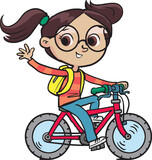 Fototapeta Młodzieżowe - cheerful girl rides a bicycle and waves