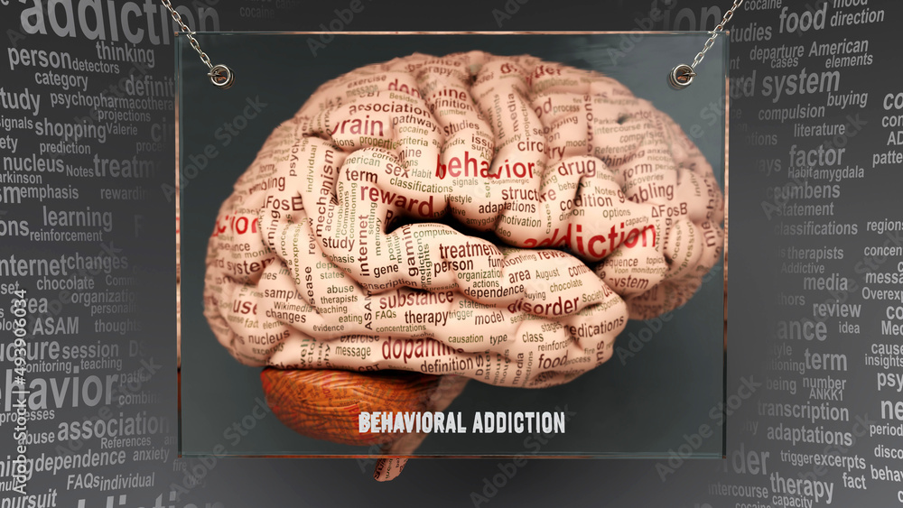 Behavioral addiction anatomy - its causes and effects projected on a human brain revealing Behavioral addiction complexity and relation to human mind. Concept art, 3d illustration
