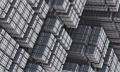 Multiple gray white 3d blocks in falling composition. Abstract concept of urban pattern, micro or macro architecture of global net. May be computer component or industrial abstract model of space.