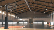 Basketball Court With Hoop And Tribune Mock Up, Front View