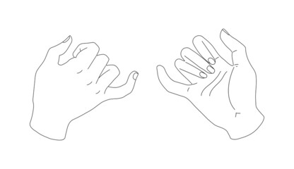 Pinky promise. The contour of the right and left hands, the promise to be together. Black outline of little fingers. Vector illustration of a pair of people's hands swearing on a white background.