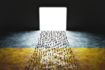 Wall Mural - people on ukraine flag walking to open light gate. refugees and humanitarian corridor