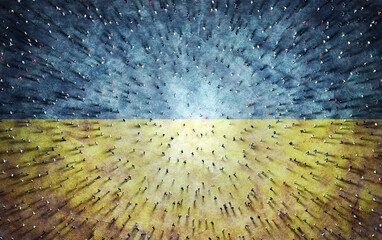 Wall Mural - crowd of people on ukraine flag. ukrainian society