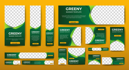 green banner design web template set, horizontal header web banner. modern gradient green cover head