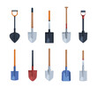 Shovel for gardening. Different types of shovels for gardeners garish vector pictures set isolated on white