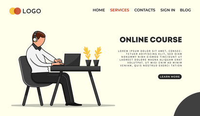 Vector online education template. Flat Illustration for university, courses, library, learning system, graduating. Idea of global access programs. Design for website, app, banner, poster, flyer.