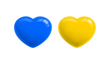 Blue And Yellow Hearts. Two 3d Heart Icon In The Colors Of The Ukrainian Flag, Isolated On A White Background. Conceptual Symbol