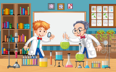 Canvas Print - laboratory scene with scientist cartoon character