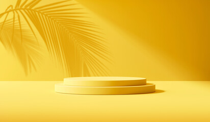Leinwandbilder - Summer podium yellow stand platform background product display of empty 3d pedestal geometric stage scene or tropical mockup template showcase and natural beauty cosmetic studio on holiday backdrop.
