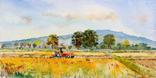 Watercolor Landscape Painting Farmer Farm Tractor With Mountain And Sky