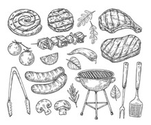 Hand Drawn Bbq. Sausages Vegetables Grill Sketched Elements. Healthy Seasonal Barbecue Rib And Lamb, Meat Restaurant Menu Vintage Neoteric Vector Signs