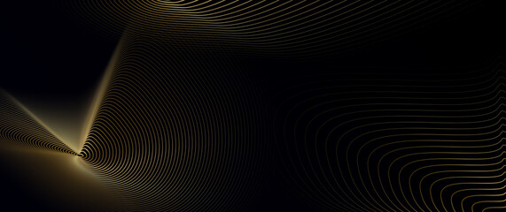 Poster - Vector abstract art with gold, wave line pattern, light shiny, texture on dark, black color background. Illustration luxury, modern graphic design for wallpaper, banner. Futuristic technology concept