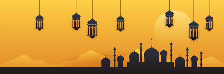 Ramadan style decoration black and yellow colorful banner design background