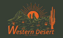 Western Desert Print Design For T Shirt. Arizona Desert Vibes Vector Artwork Design.