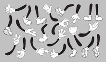 Mascot Pairings In Gloves. Pair Cartoon Hands And Legs Comic Vintage Character, Arm White Glove Feet Shoe Sneaker, Doodle Object Ok Gesture Hand, Isolated Neat Vector Illustration