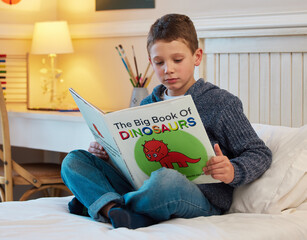 Wall Mural - Growing up to be one smart kid. Shot of a young boy reading a book about dinosaurs in a bedroom at home.