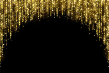 Wall Mural - Gold yellow holiday decoration round arch glitter garland on black background. Vector