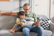 © Pixel-Shot - Senior man reading story to his little grandson on sofa at home