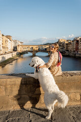 Wall Mural - Young woman enjoys beautiful view on famous Old bridge in Florence, sitting back with dog on the riverside at sunset. Female traveler visiting italian landmarks, traveling with a dog