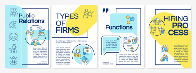 PR blue and yellow brochure template. Public relations for business. Leaflet design with linear icons. 4 vector layouts for presentation, annual reports. Questrial, Lato-Regular fonts used