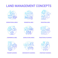 Sticker - Land management blue gradient concept icons set. Residential areas idea thin line color illustrations. Commercial, industrial spaces. Isolated symbols. Roboto-Medium, Myriad Pro-Bold fonts used