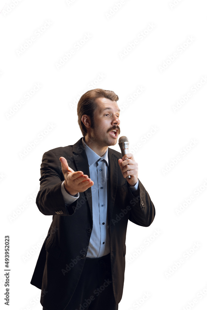 Short Nfl Commentator Emotive young man, professional sport commentator, journalist with ...