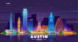 Austin Texas night city skyline vector illustration. Background with city panorama. Travel picture.