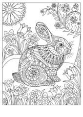 Wall Mural - Spring rabbit coloring page for adult and children. Easter background with creative cute bunny.  Black and white vector illustration.