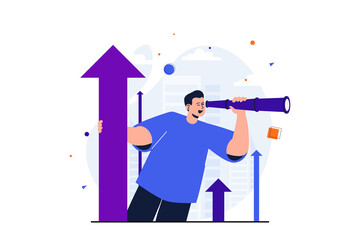 Poster - Searching for opportunities modern flat concept for web banner design. Man looks through spyglass, creates successful strategy, vision for new project. Illustration with isolated people scene