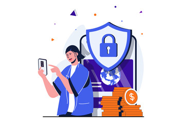 Poster - Secure payment modern flat concept for web banner design. Woman uses protect mobile application for online banking and keeps her money in account. Illustration with isolated people scene