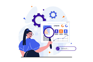 Leinwandbilder - Seo analysis modern flat concept for web banner design. Woman with magnifier analyzes search results and marketing research, promotes site rating. Illustration with isolated people scene