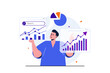 Seo analysis modern flat concept for web banner design. Man analytic analyzes site data and studies graphs on screens and develops promotion strategy. Illustration with isolated people scene