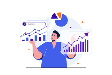 Aufkleber - Seo analysis modern flat concept for web banner design. Man analytic analyzes site data and studies graphs on screens and develops promotion strategy. Illustration with isolated people scene