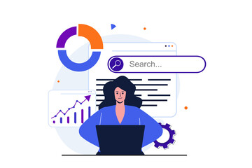 Poster - Seo analysis modern flat concept for web banner design. Woman analyst studies data, selects keywords and optimizes site for popular search queries. Illustration with isolated people scene