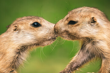 Poster - closeup shot of two prairie dogs kissing