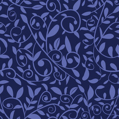 Wall Mural - Beautiful very peri swirly leaves seamless pattern on dark blue background. Great for home décor, textile and wallpaper 