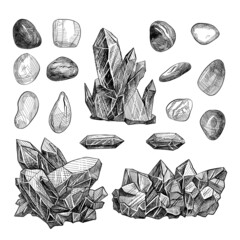 black and white illustration magic crystals divination stones minerals ore drawn with liner or pencil