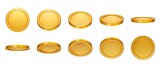 Fototapeta  - 3d realistic empty gold coin rotating animation. Money cash for gambling games, treasure, finance or casino jackpot concept. Golden coins currency top, side and perspective view vector set