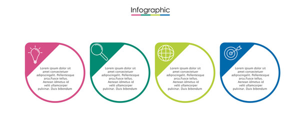 Vector infographic template with four steps or options. Illustration presentation with line elements icons.  Business concept design can be used for web, brochure, diagram, chart or banner layout.