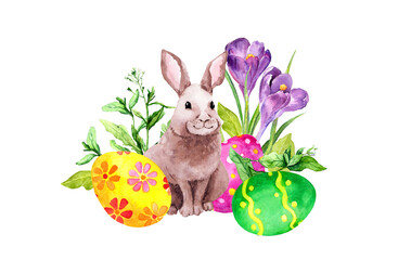 Wall Mural - Easter bunny with decorated eggs, spring flowers, green grass. Watercolor