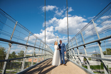 Wall Mural - Beautiful shot of a newlywed couple posing for a photo